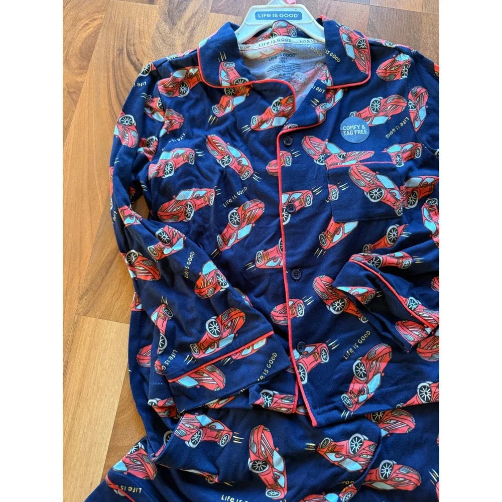 Life is Good Pajama Set Boys 6X Navy Blue Red Sports Car NWT Button Down PJs NEW